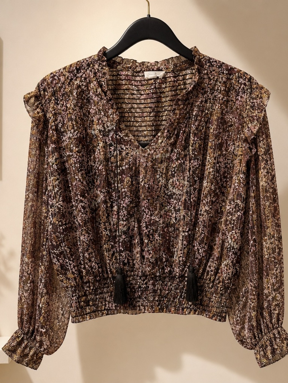 Floral V-Neck Smocked Hem Blouse - Brown Floral